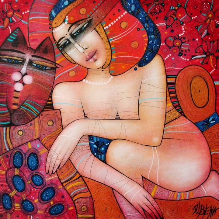 Painting titled "At home" by Albena Vatcheva, Original Artwork, Oil Mounted on Wood Stretcher frame