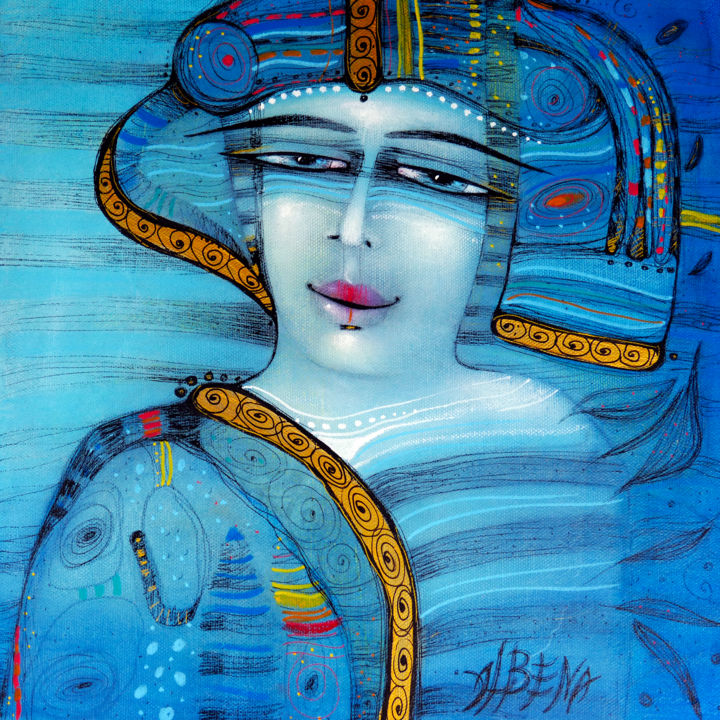 Painting titled "Portrait bleu" by Albena Vatcheva, Original Artwork, Oil Mounted on Wood Stretcher frame