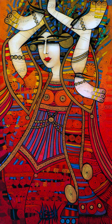 Schilderij getiteld "La danseuse aux col…" door Albena Vatcheva, Origineel Kunstwerk, Olie Gemonteerd op Frame voor houten b…