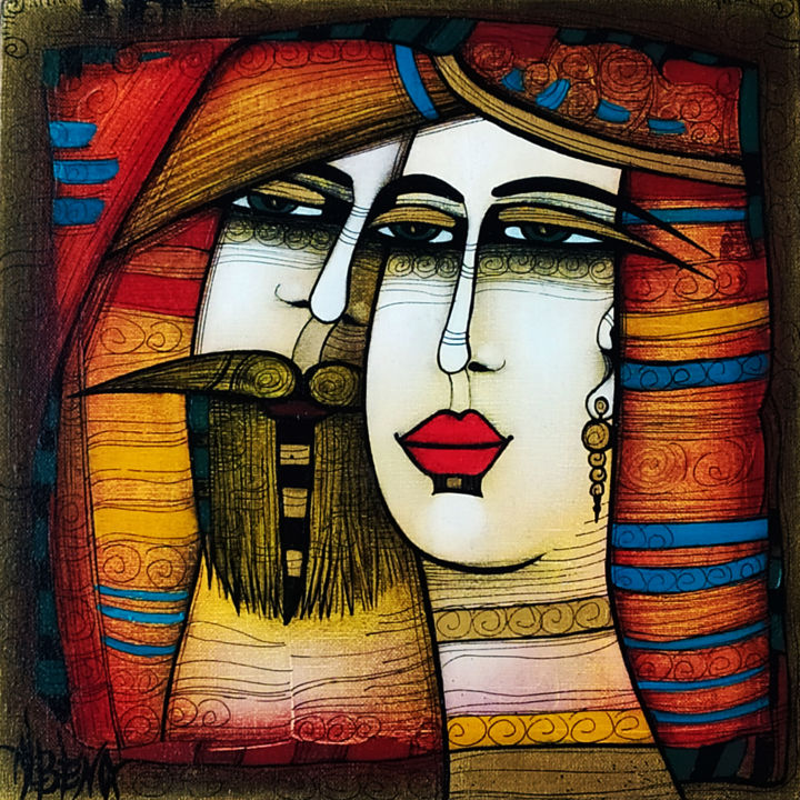 Painting titled "Couple" by Albena Vatcheva, Original Artwork, Oil Mounted on Wood Stretcher frame