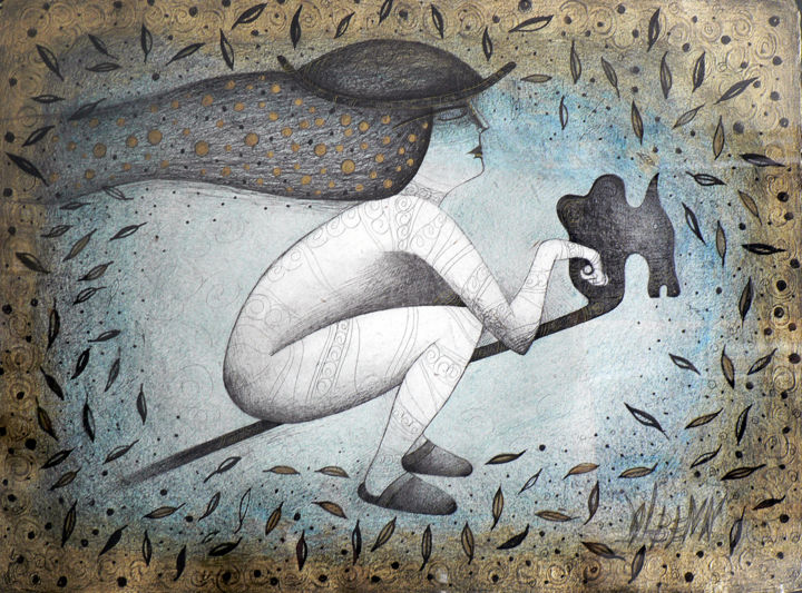 Rysunek zatytułowany „Minuit dans le jard…” autorstwa Albena Vatcheva, Oryginalna praca, Atrament Zamontowany na Inny sztywn…