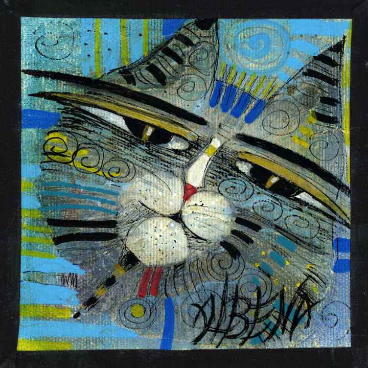 Painting titled "The cat 15 cm" by Albena Vatcheva, Original Artwork, Oil Mounted on Wood Stretcher frame
