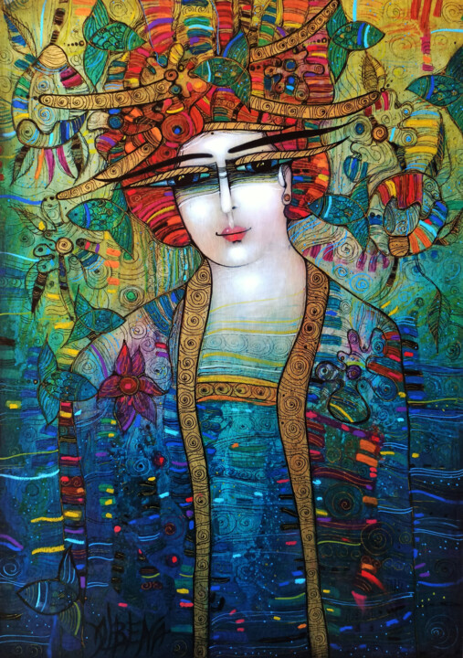 Printmaking titled "AQUARIUS (bois)" by Albena Vatcheva, Original Artwork, Monotype Mounted on Wood Panel