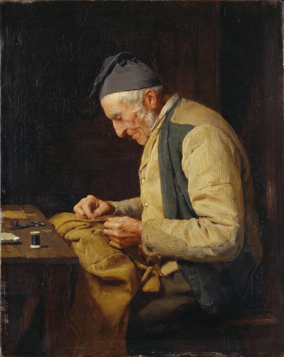 Painting titled "Le tailleur du vill…" by Albert Anker, Original Artwork, Oil