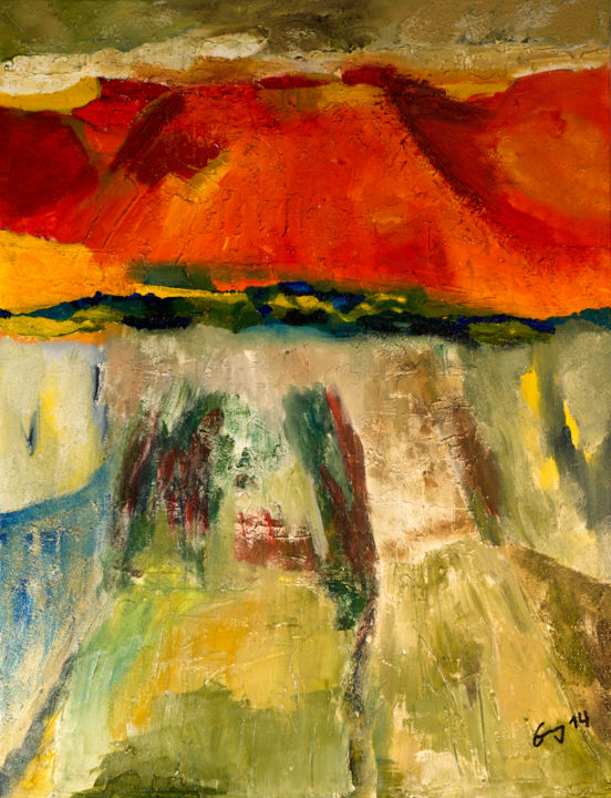 Painting titled "Paysage volcanique" by Albert Enz, Original Artwork, Acrylic