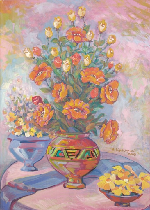 Painting titled "Wild Roses" by Albert Karoyan, Original Artwork, Gouache