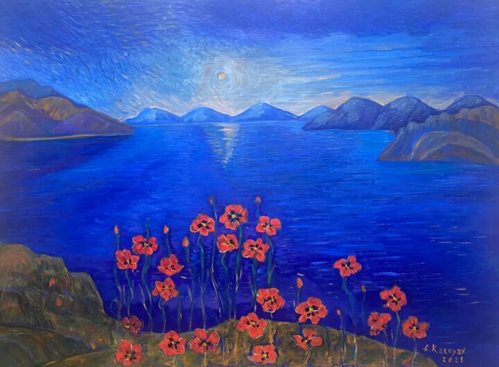 Painting titled "Lake  Sevan" by Albert Karoyan, Original Artwork, Oil