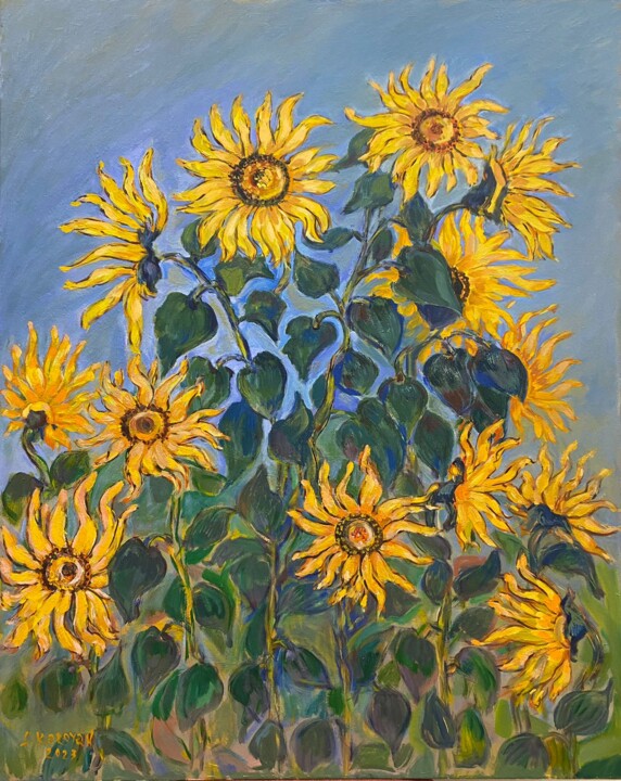 Painting titled ".Sunflowers." by Albert Karoyan, Original Artwork, Oil Mounted on Wood Panel