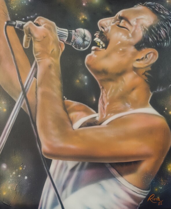 Pintura titulada "Freddie Mercury Live" por Albert Riera, Obra de arte original, Aerógrafo Montado en Panel de madera