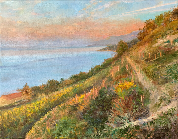 Painting titled "Sunset on the Medit…" by Albert Safiullin, Original Artwork, Oil