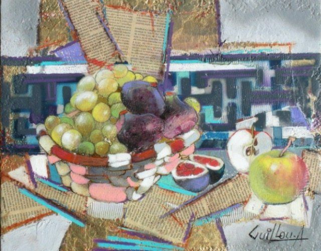 Painting titled "Corbeille de fruits" by Albert Guillou, Original Artwork