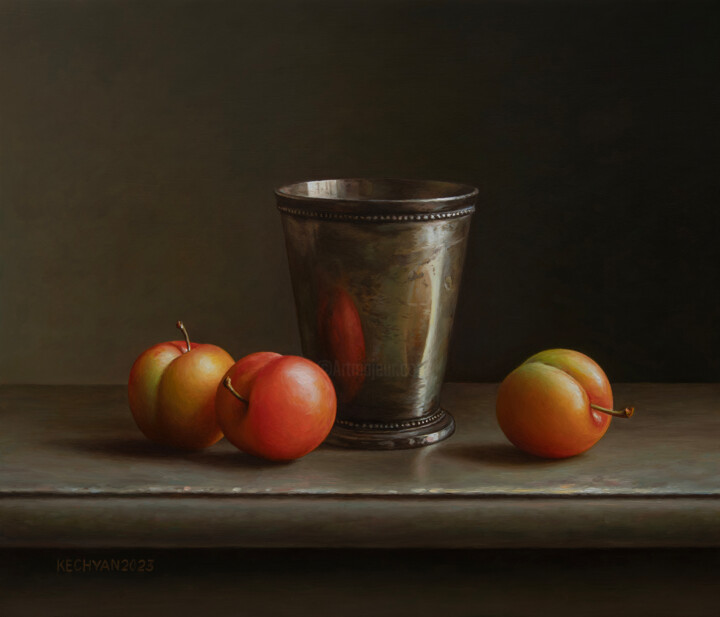 Painting titled "Plums with a cup" by Albert Kechyan, Original Artwork, Oil