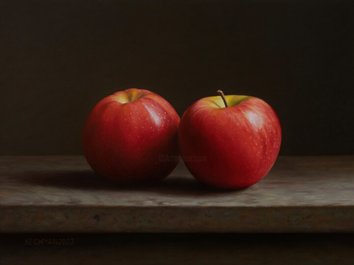 Painting titled "Two Apples" by Albert Kechyan, Original Artwork, Oil
