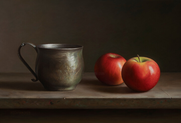 Картина под названием "Apples with a cup" - Albert Kechyan, Подлинное произведение искусства, Масло