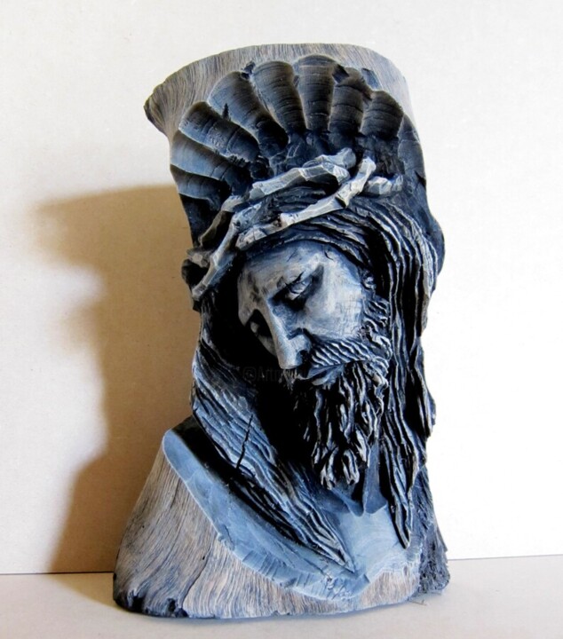Sculptuur getiteld "Head of Christ scul…" door Alberto Thirion, Origineel Kunstwerk, Hout