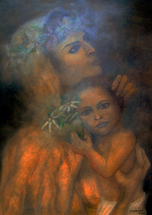 Dibujo titulada "The virgin with the…" por Alberto Thirion, Obra de arte original, Pastel