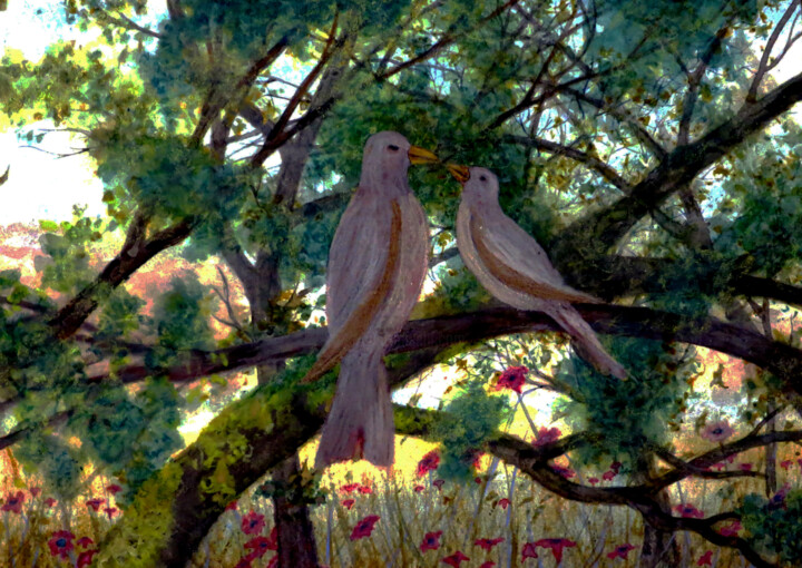 Pintura titulada "Amour des oiseaux" por Alberto Thirion, Obra de arte original, Acuarela