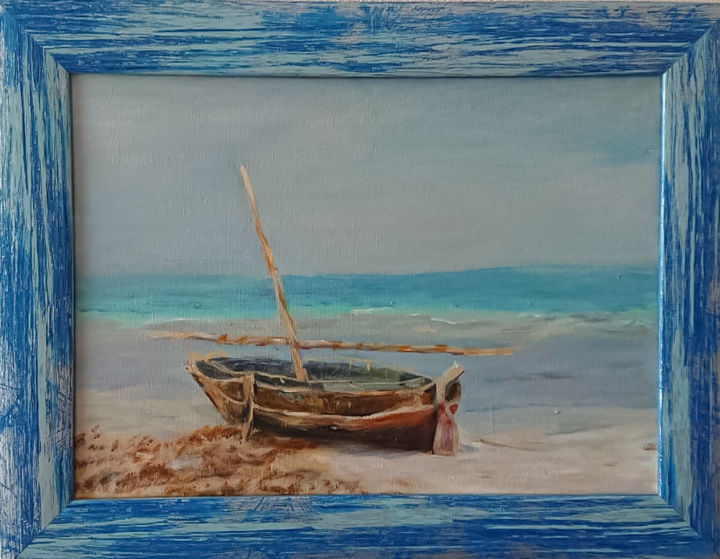 Painting titled "Boat, Zanzibar" by Albina Safiu, Original Artwork, Oil