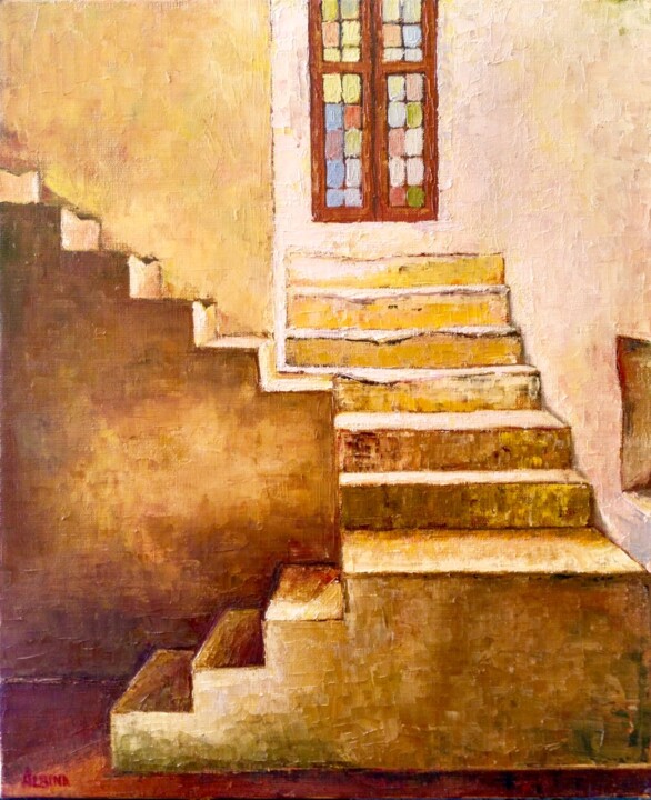 Peinture intitulée "Escalier au vitrail" par Albina Urbanek, Œuvre d'art originale, Huile