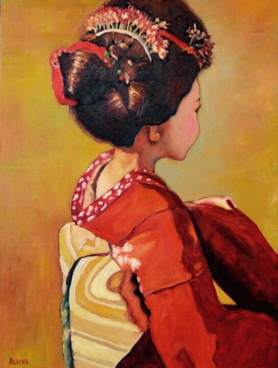 Peinture intitulée "Petite geisha" par Albina Urbanek, Œuvre d'art originale, Huile