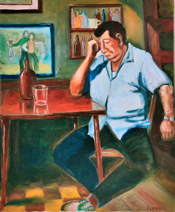 Malerei mit dem Titel "Au Café" von Albina Urbanek, Original-Kunstwerk, Öl