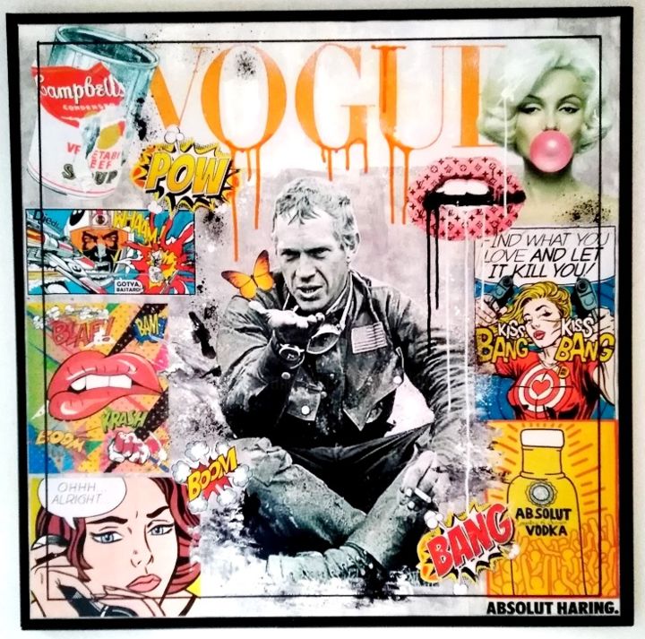 "Steve Mcqueen  & po…" başlıklı Kolaj Alberto Cordiero tarafından, Orijinal sanat, Kolaj Ahşap Sedye çerçevesi üzerine monte…