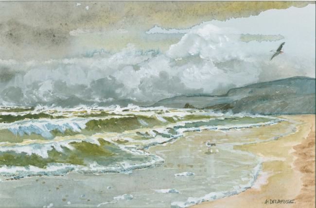 Painting titled "plage aux mouettes…" by Alain Delafosse, Original Artwork