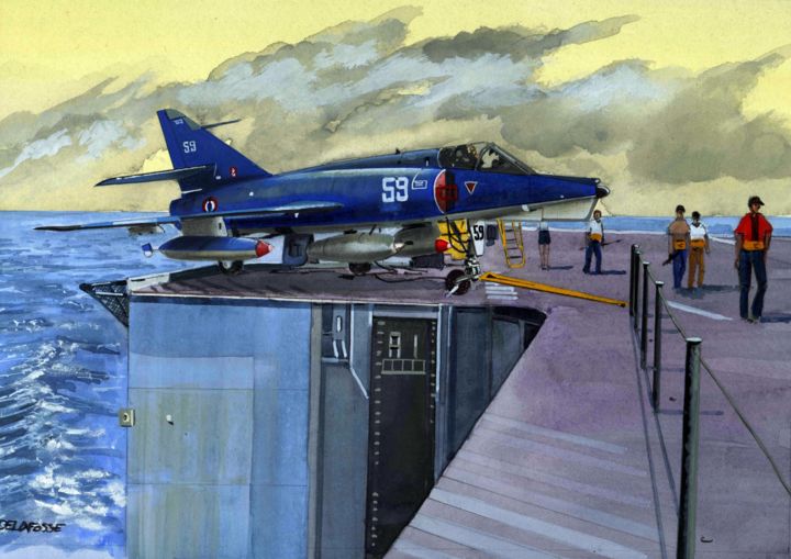 Painting titled "Super étendard sur…" by Alain Delafosse, Original Artwork, Watercolor