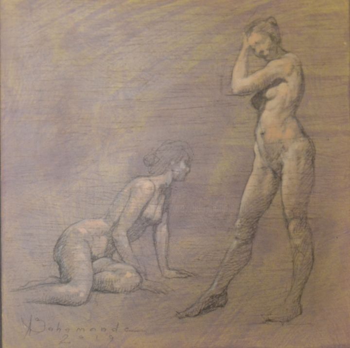 Drawing titled "Etude IV" by Aldo Bahamonde, Original Artwork, Conté Mounted on Wood Panel