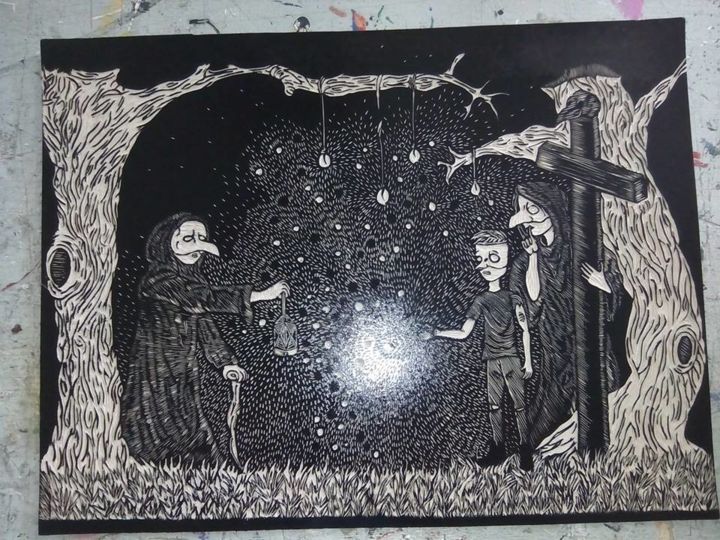 Incisioni, stampe intitolato "Mi viaje" da Aldo Lopez, Opera d'arte originale, Incisioni su linoleum