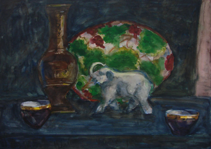 Картина под названием "Натюрморт с фарфоро…" - Алексей Филиппов, Подлинное произведение искусства, Акварель