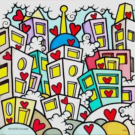 Prenten & gravures getiteld "Love Town" door Aleandro Roncarà, Origineel Kunstwerk, Zeefdruk