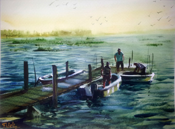 「pesca-en-laguna-cha…」というタイトルの絵画 Alejandro Fidelioによって, オリジナルのアートワーク, 水彩画