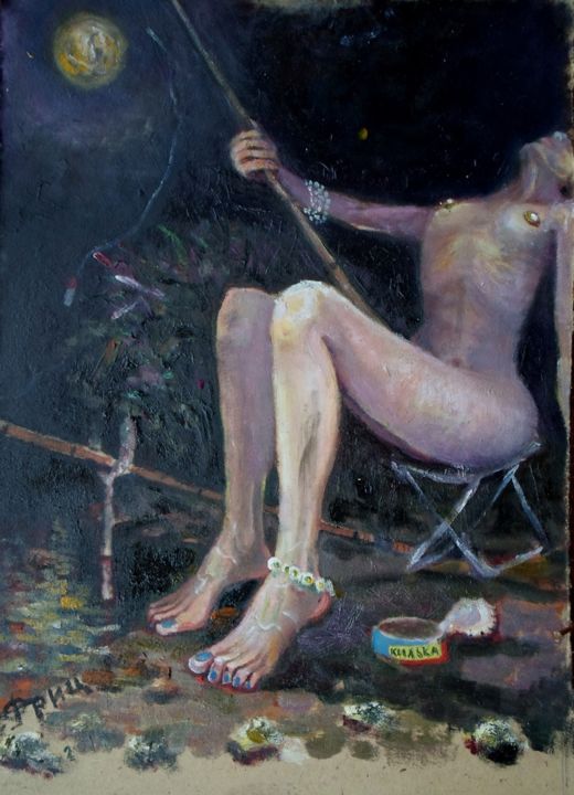 Pintura titulada "ночная рыбалка" por Aleksandr Mikhailov, Obra de arte original, Oleo
