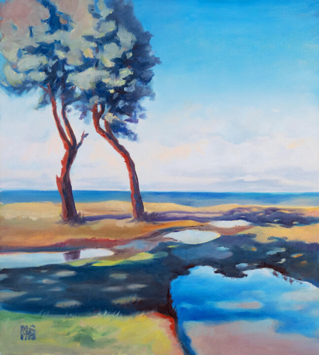 Painting titled "Seashore landscape…" by Alek Tretiak, Original Artwork, Oil Mounted on Wood Stretcher frame