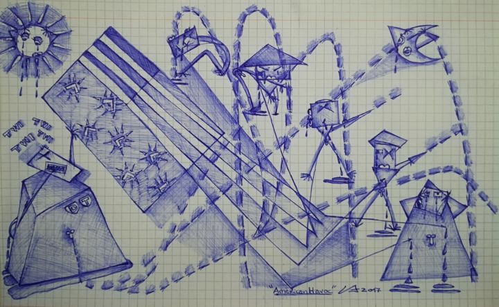 Drawing titled ""AMERICAN HAVOC"" by Lucette Aleki, Original Artwork, Ballpoint pen