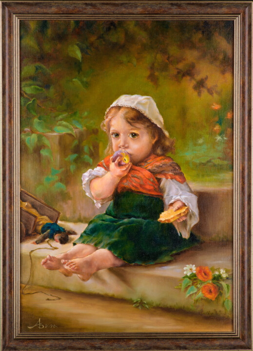 Painting titled "Девочка с персиком" by Aleks Bondar, Original Artwork, Oil
