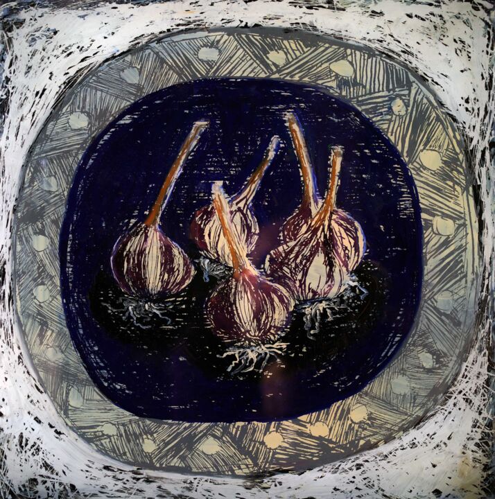 Painting titled "Still life. Garlic" by Алекс Вознесенский, Original Artwork, Acrylic