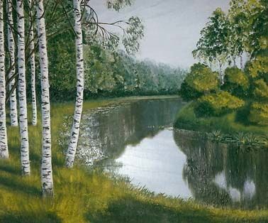 Картина под названием ""Берёзки у воды"" - Александра Лючик, Подлинное произведение искусства, Масло
