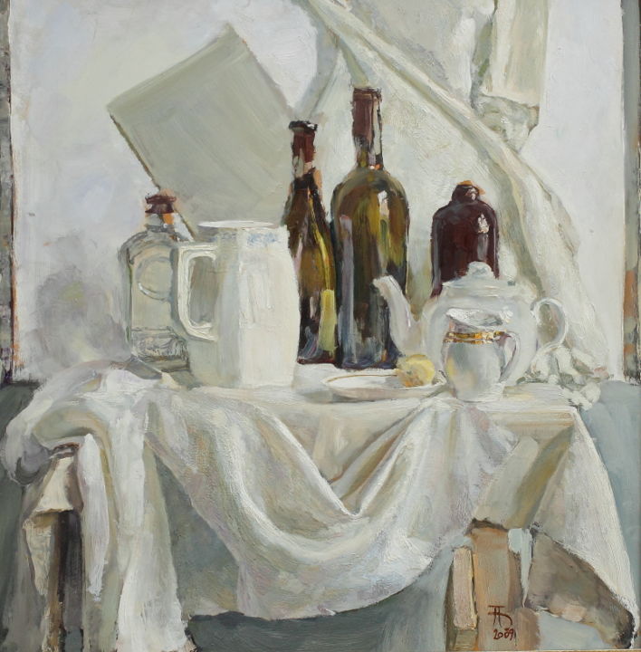 Картина под названием "Натюрморт с бутылка…" - Aleksander Babichev, Подлинное произведение искусства, Масло