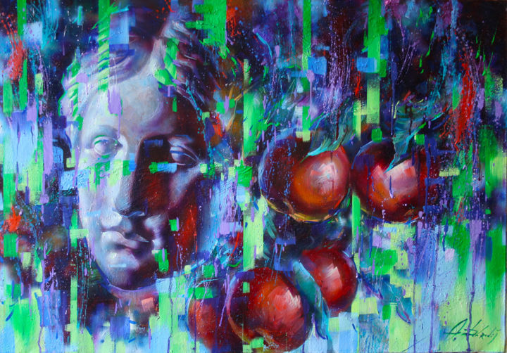Painting titled "Night apples" by Dobrodiy Alexandr, Original Artwork, Oil Mounted on Wood Stretcher frame