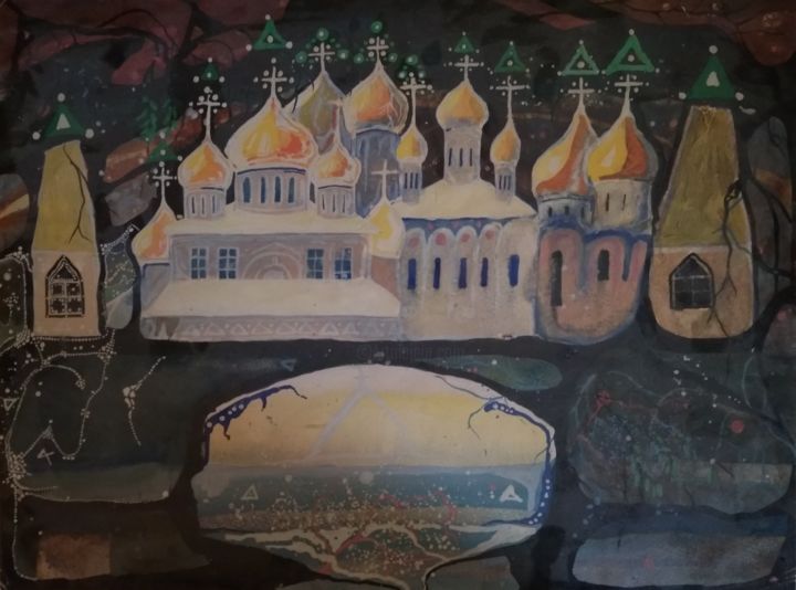 Painting titled "Gold-plated Russia" by Aleksandr Glukhov, Original Artwork, Gouache
