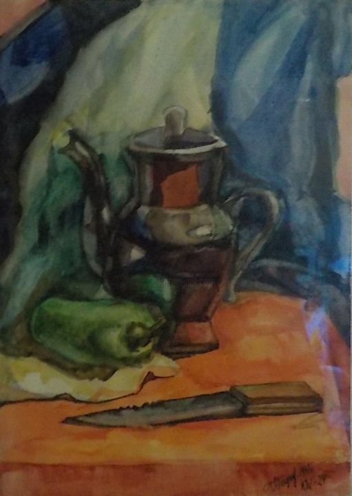 Painting titled "Still life with a k…" by Aleksandr Glukhov, Original Artwork, Watercolor