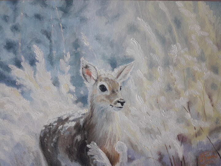 Painting titled "Fawn in the snow "О…" by Aleksandr Gritsenko, Original Artwork, Oil