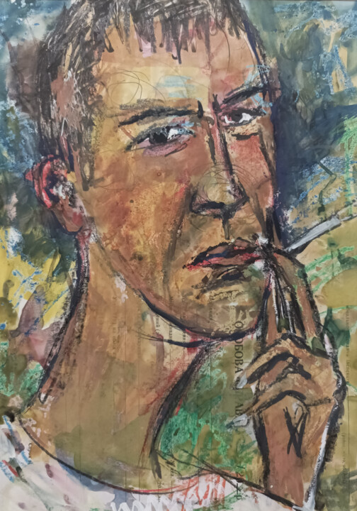 「Автопортрет с сигар…」というタイトルの絵画 Александр Ипатьевによって, オリジナルのアートワーク, グワッシュ水彩画