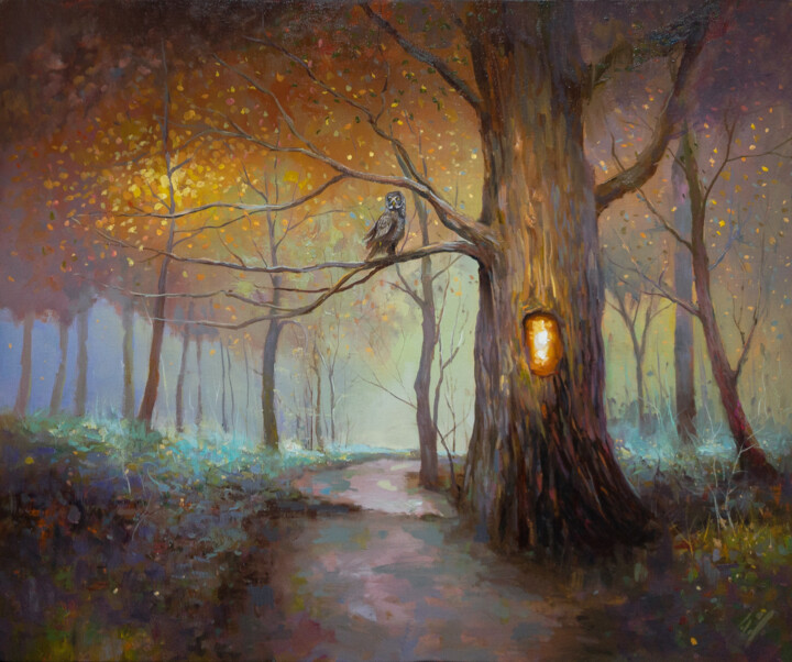 Pintura intitulada "Visiting the owl" por Aleksandr Jero, Obras de arte originais, Óleo