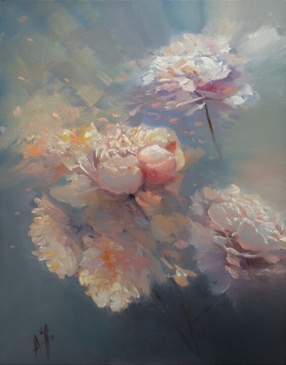 Painting titled "The peonies in the…" by Aleksandr Jero, Original Artwork, Oil