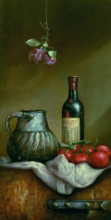 Картина под названием "Wine and jug" - Александр Косс, Подлинное произведение искусства, Масло Установлен на Деревянная рама…