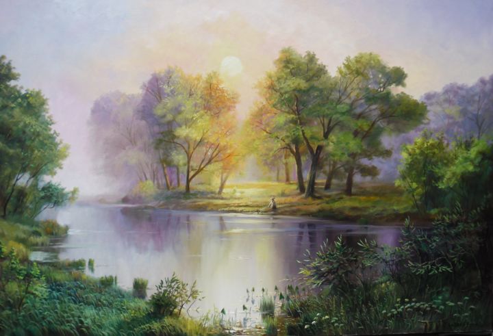 Painting titled "Fishing at the dawn" by Aleksandr Koval, Original Artwork, Oil