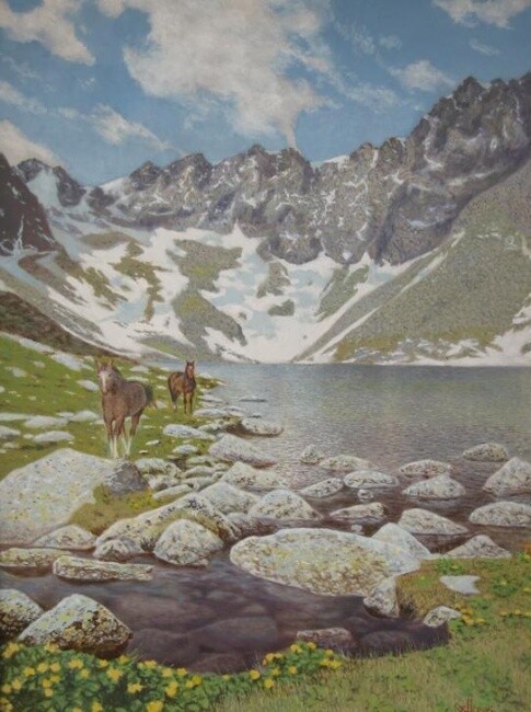 Schilderij getiteld "Озерцо на перевале" door Aleksandr Krasilnikov, Origineel Kunstwerk, Olie